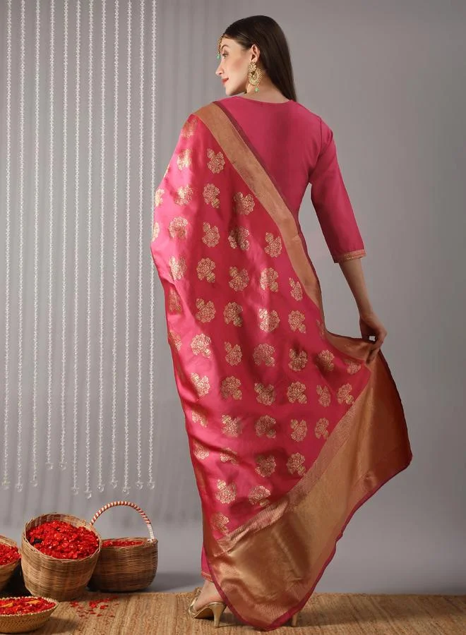 globus Women Pink Round Neck Yoke  Kurta with Pant and Dupatta Set